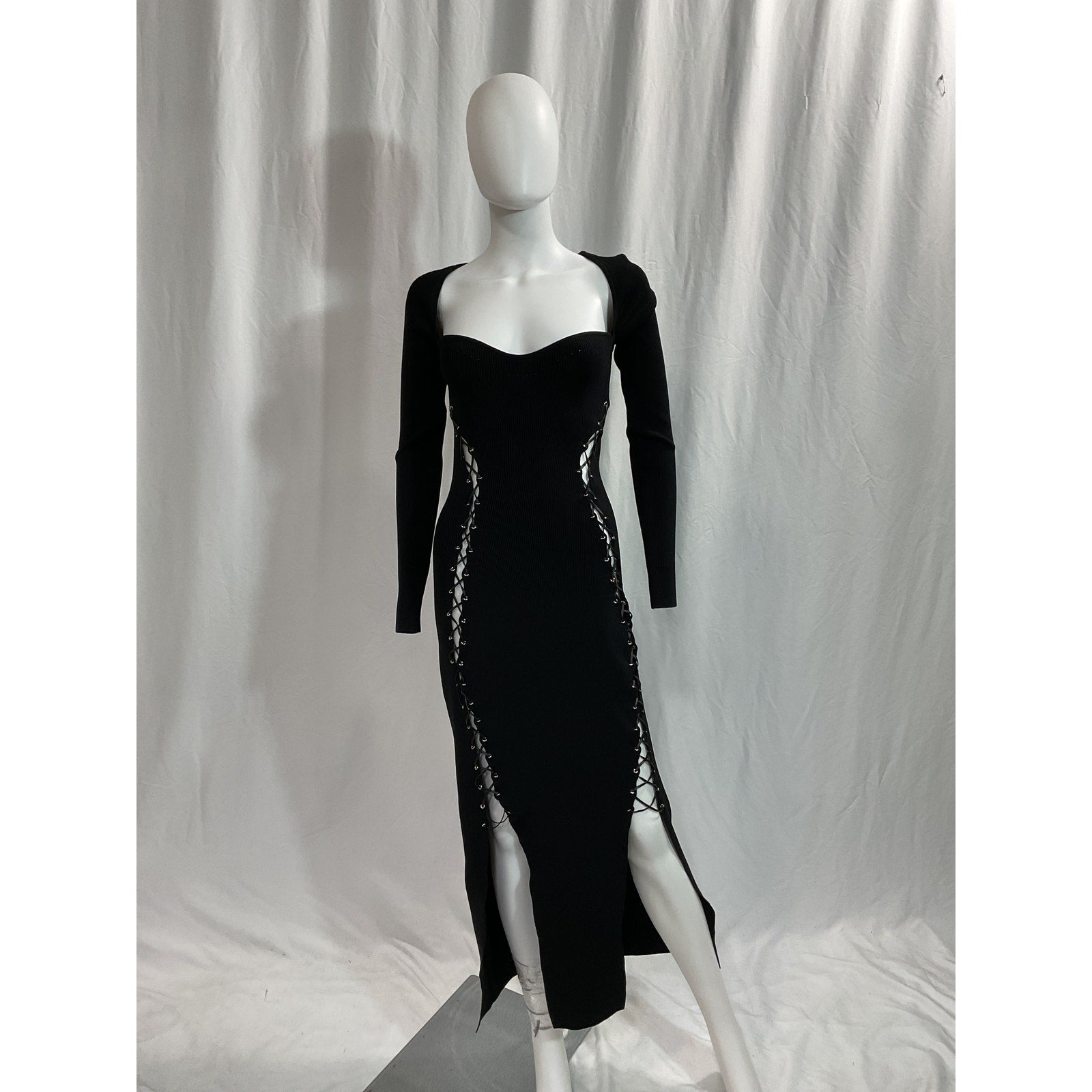 Nicholas 'Arna' Black Long Sleeve Lace Up Midi Dress Size M