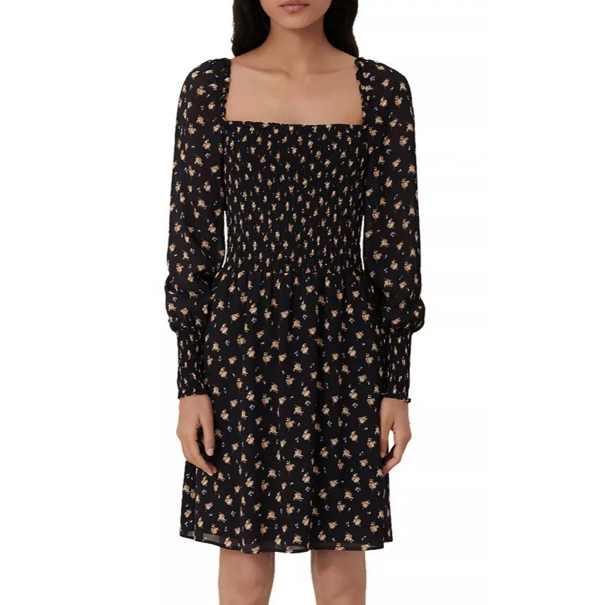 Maje 'Shirred' Black Floral-Print Crepe Mini Dress Size S